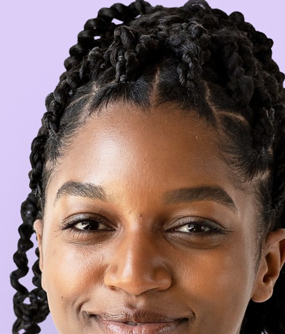 Smiling woman with braids on a lavender ground